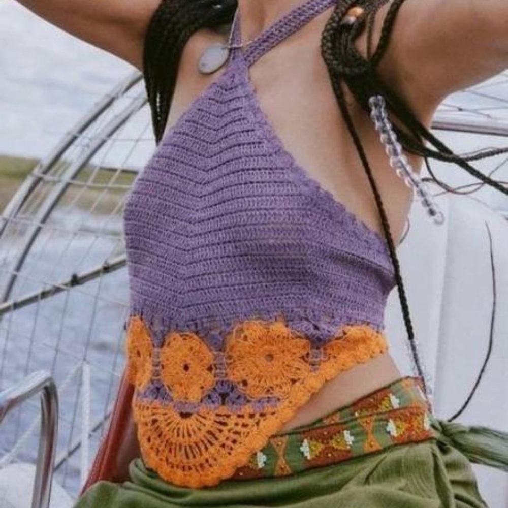 Zara Halter Crochet Knit Top Purple Orange - Picture 3 of 3